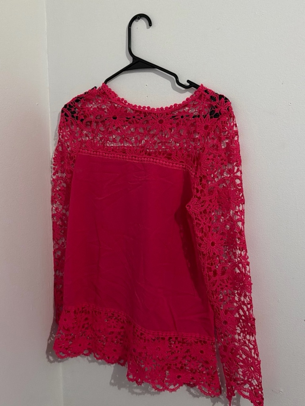 Crochet Lace Long-Sleeve Top in Hot Pink